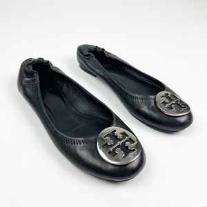Tory Burch Minnie Women's Ballet Flats Black Silver Logo Shoes Size 7